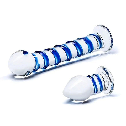 Double Penetration Glass Swirley Dildo And Butt Plug Set - Anal Dildos