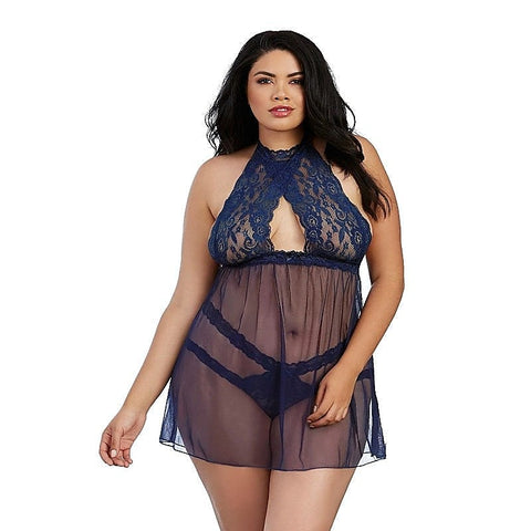 Stretch Lace And Mesh Babydoll With Matching Panty - Babydolls and Chemises