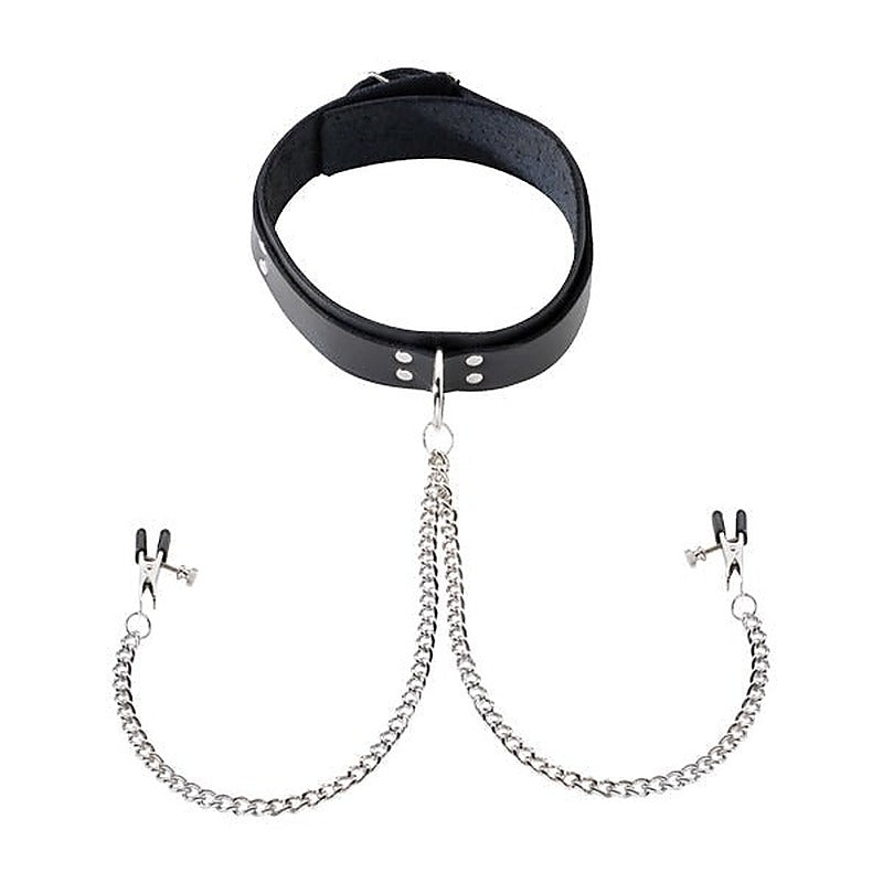 Spartacus Leather Double Strap O-Ring Collar - Broad Tip Clamps for Sensual Pleasure - Collars and Leads