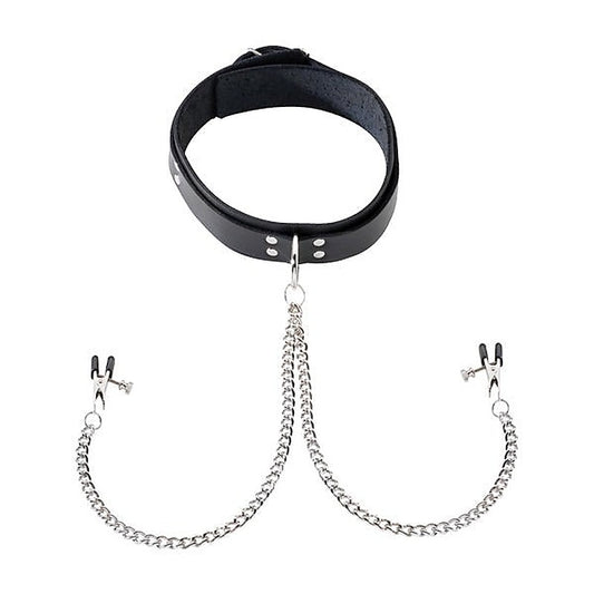 Spartacus Leather Double Strap O-Ring Collar - Broad Tip Clamps for Sensual Pleasure - Collars and Leads