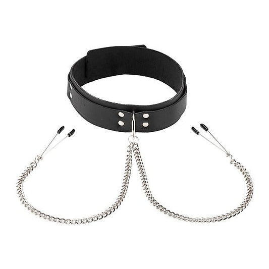 Spartacus Leather Double Strap O-Ring Collar with Tweezer Clamps - Collars and Leads