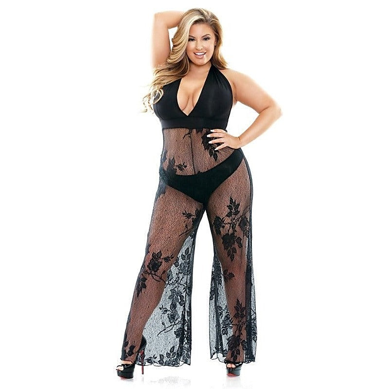 Curve Nicki Stretch Lace Halter Jumpsuit By Fantasy Lingerie - Bras and Bra Sets