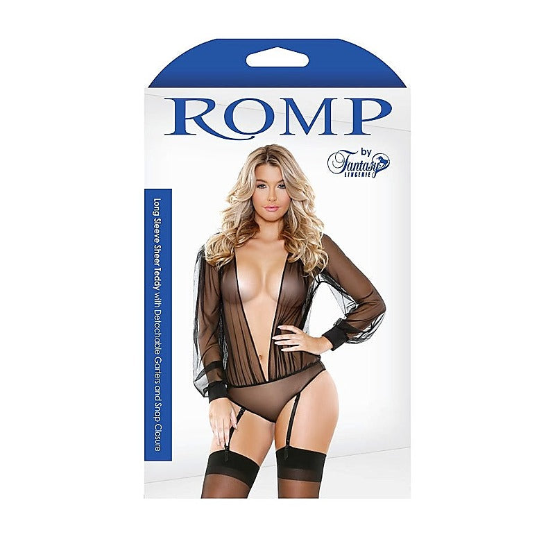 Romp Long Sleeve Sheer Teddy Romper & Garter - Babydolls and Chemises