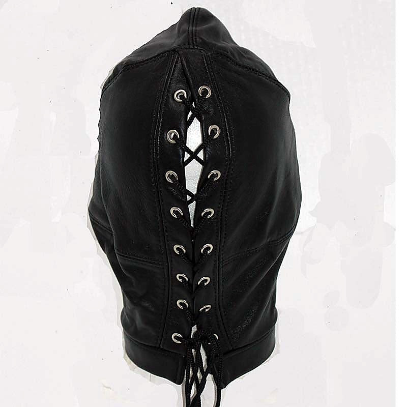 Bedroom Pleasures Leather Hood Lace Back Red Eyelets - Bondage Hoods