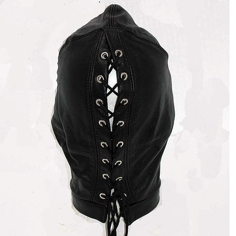 Bedroom Pleasures Leather Hood Lace Back Red Eyelets - Bondage Hoods