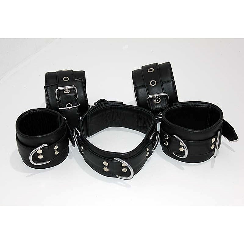 Submissive's Complete Black Leather Restraint Set - Cuffs and Restraints
