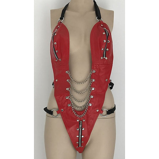 Ladies Bdsm One Piece Red Leather Outfit By Hell'S Couture - Her Fetish