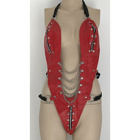 Ladies Bdsm One Piece Red Leather Outfit By Hell'S Couture - Her Fetish