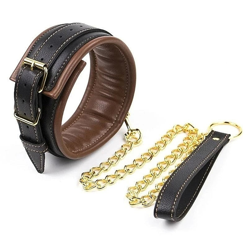 Golden Chain Leash Thick Bondage Collar - Butt Plugs