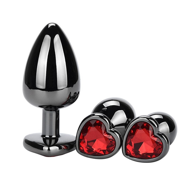 Heart Jeweled Black Steel Butt Plug Large - Red - Rabbit Vibrators