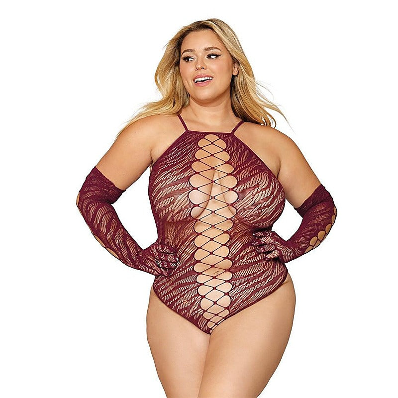 Seamless Zebra Fishnet Teddy And Glove Set - Teddies and Bodysuits