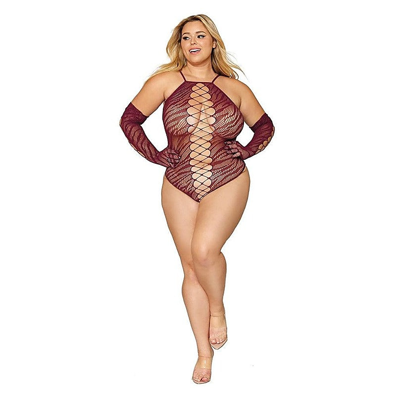 Seamless Zebra Fishnet Teddy And Glove Set - Teddies and Bodysuits