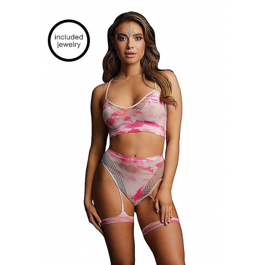 Shots 2 Piece Tie Dye Sexy Bra Set with Garters - Bras and Bra Sets