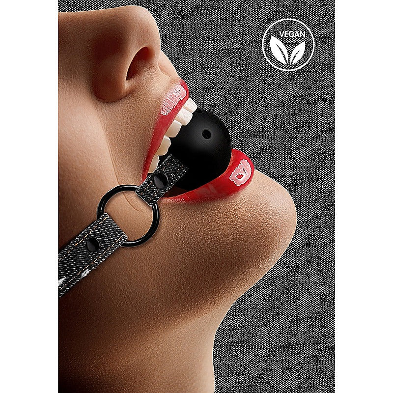 Breathable Ball Gag With Roughened Denim Straps - Bondage Gags and Bits