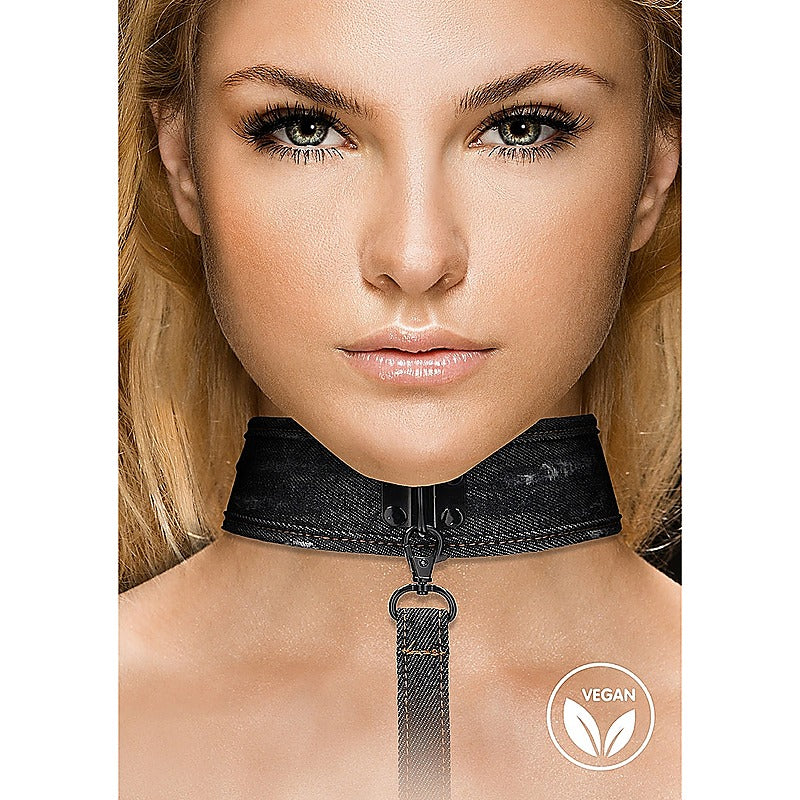 Denim Style Bondage Collar With Leash By Shots Toys - Collars and Leads