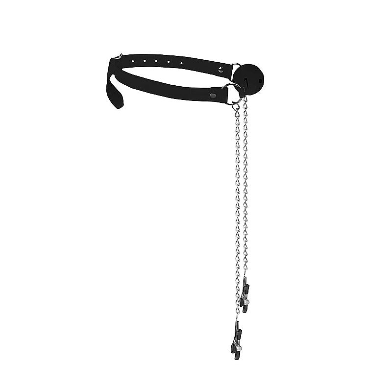 Breathable Bondage Ball Gag With Nipple Clamps By Shots Toys - Bondage Gags and Bits