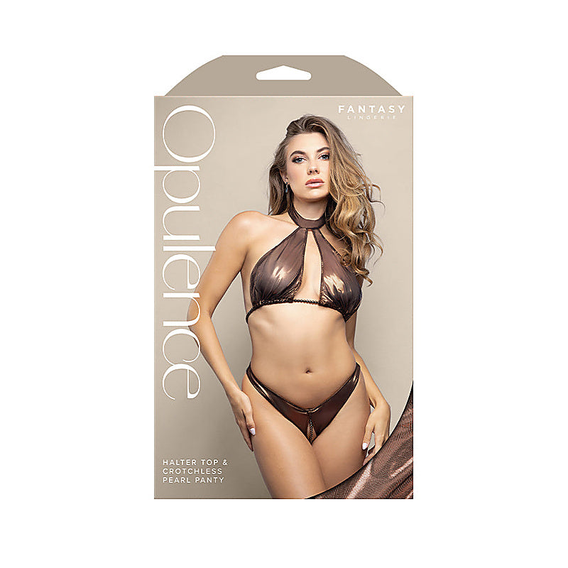Opulence Halter Top & Crotchless Pearl Panty - Bras and Bra Sets