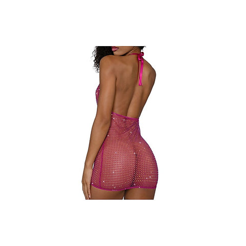 Rhinestone Cowl Neck Sexy Mini Dress Pink by Dream Girl - Fancy Dress Ups