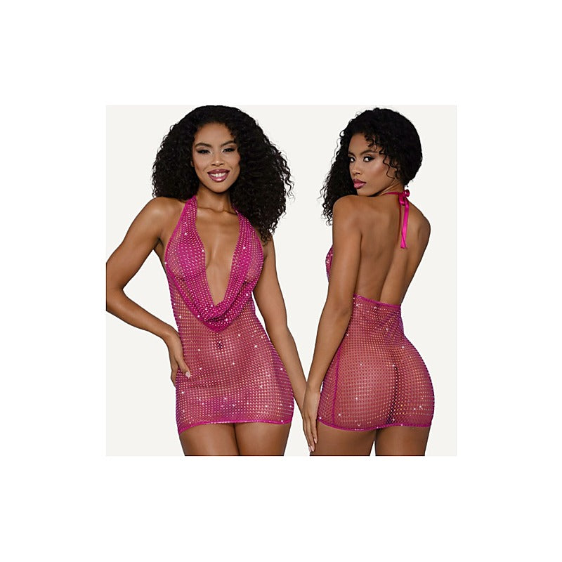 Rhinestone Cowl Neck Sexy Mini Dress Pink by Dream Girl - Fancy Dress Ups