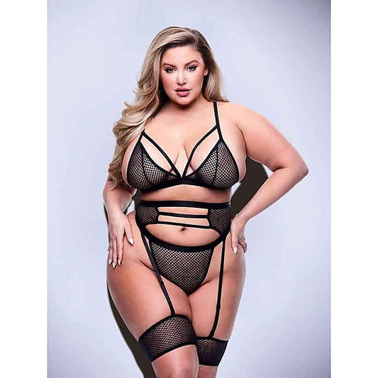 Baci 3 Piece Strappy Bra Garter & Panty Set Queen Black