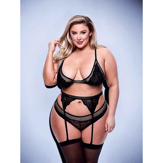 Baci 3 Piece Lace & Mesh Bra Garter & Panty Set Queen Black