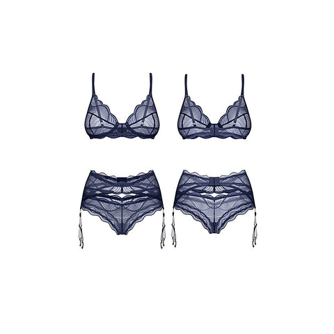 Nightly Blue Bra Panty Garter 3 Pc Lingerie Set by Obsessive