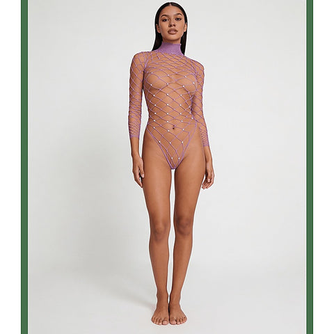 Wide Net Rhinestone Long Sleeve Bodysuit by Love In Leather