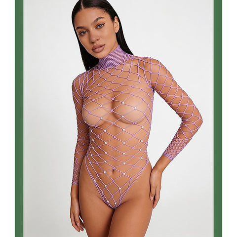 Wide Net Rhinestone Long Sleeve Bodysuit by Love In Leather