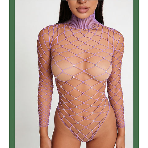 Wide Net Rhinestone Long Sleeve Bodysuit by Love In Leather