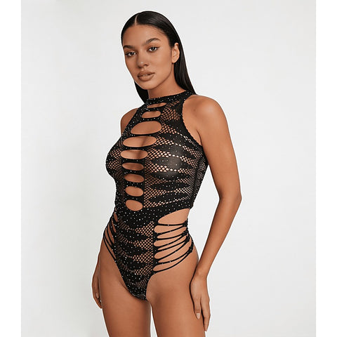 Strappy Rhinestone Sleeveless Bodysuit by Love In Leather