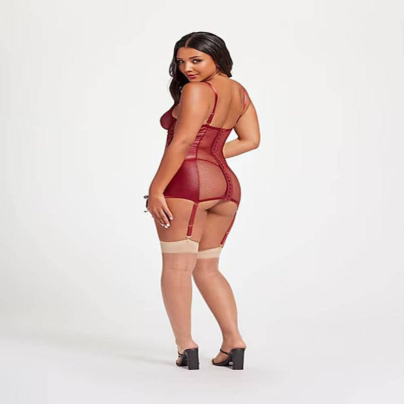Midnight Love Vegan Leather Two Piece Chemise And Panty Set - Babydolls and Chemises