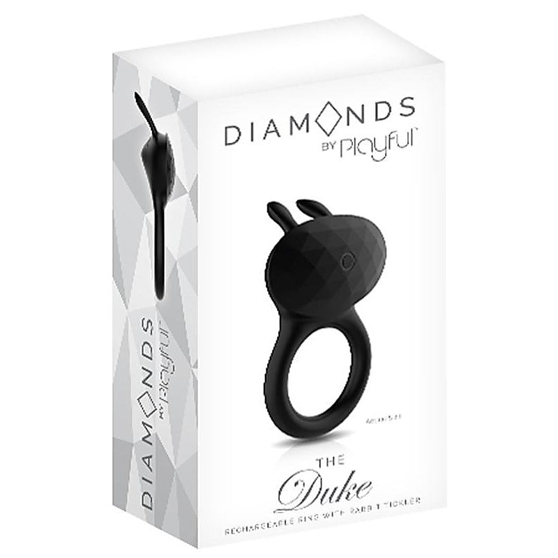 Playful Diamonds The Duke Rechargeable Cock Ring with Rabbit Tickler Black - Rabbit Vibrators
