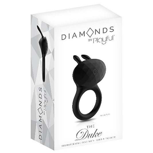 Playful Diamonds The Duke Rechargeable Cock Ring with Rabbit Tickler Black - Rabbit Vibrators
