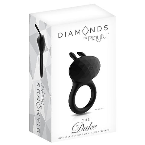 Playful Diamonds The Duke Rechargeable Cock Ring with Rabbit Tickler Black - Rabbit Vibrators