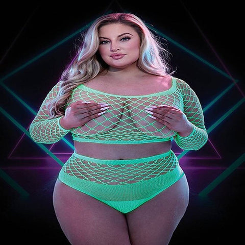 Lapdance Lingerie 2 Piece Glow In The Dark Long Sleeve Crop Top and Panty Set