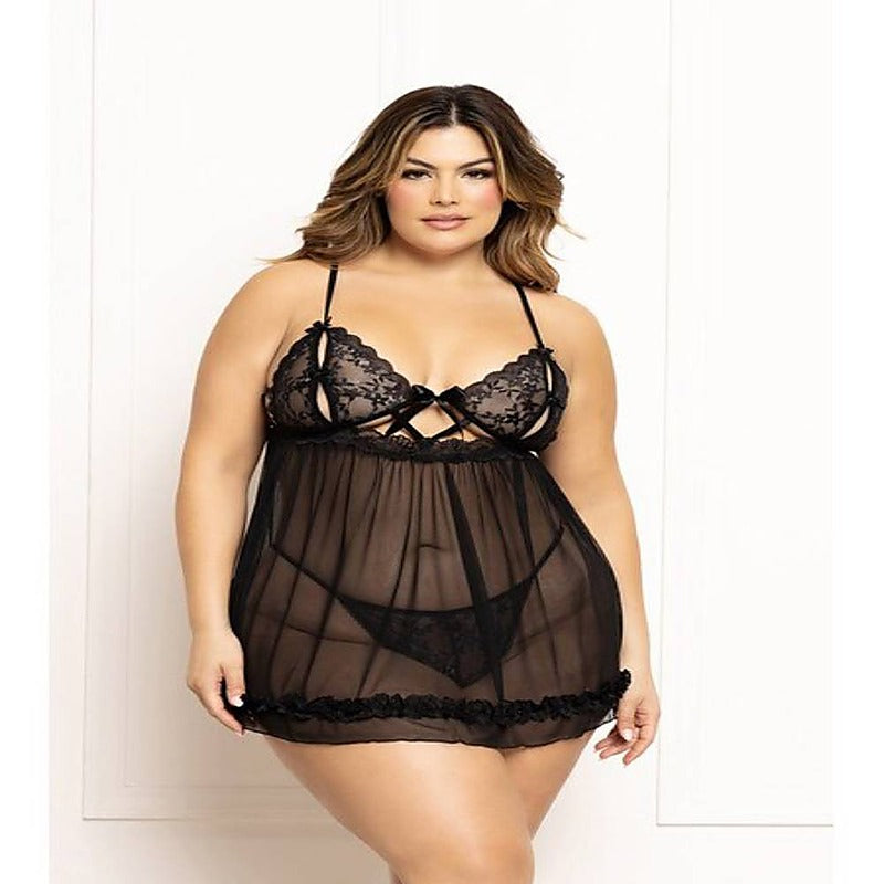 Two Piece Ditsy Floral And Mesh Babydoll Set - Babydolls and Chemises