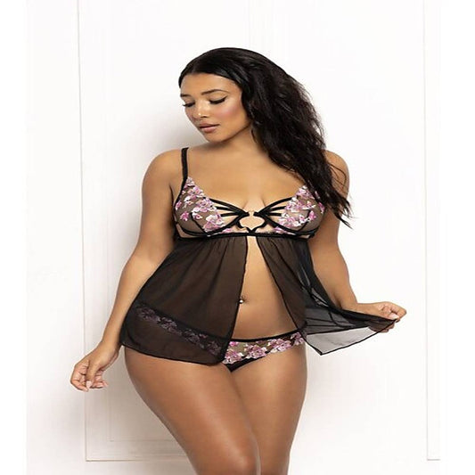 Two Piece Multicolored Embroidered Floral Galloon Lace And - Babydolls and Chemises