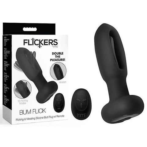 XR Brands Inmi Flickers Bum Flick Flicking & Vibrating Butt Plug With Remote Black - Butt Plugs