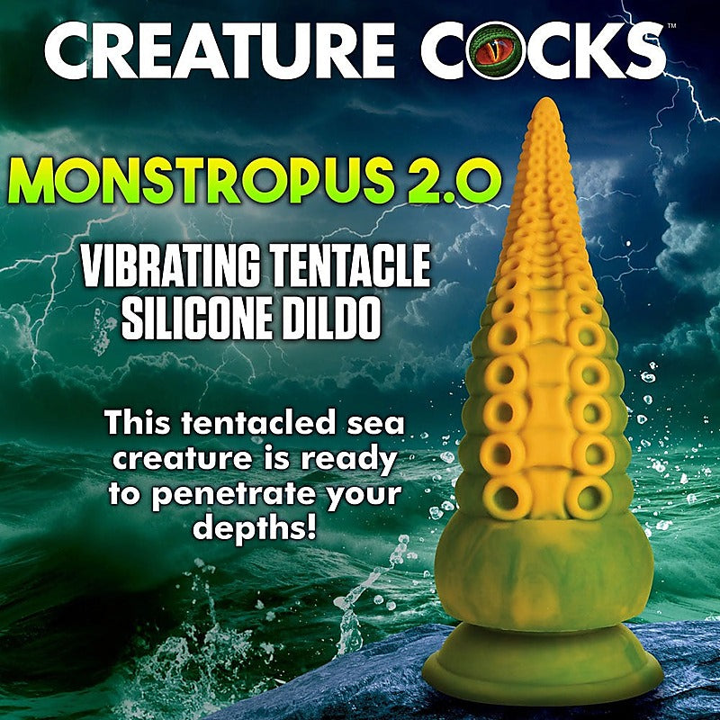XR Brands Creature Cocks Monstropus 2.0 Vibrating Tentacled Monster Silicone Dildo Green/Yellow - Vibrating Dildos