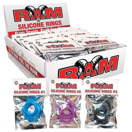 Nasstoys RAM 24 Silicone Rings Pop Box Cock Ring Set in Black Blue & Purple 3 Sizes - Cock Ring Sets