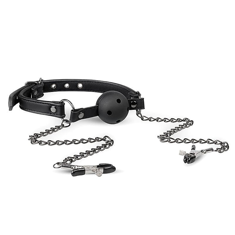 Open Ball Gag With Nipple Clamps By Easytoys - Nipple and Clit Clamps