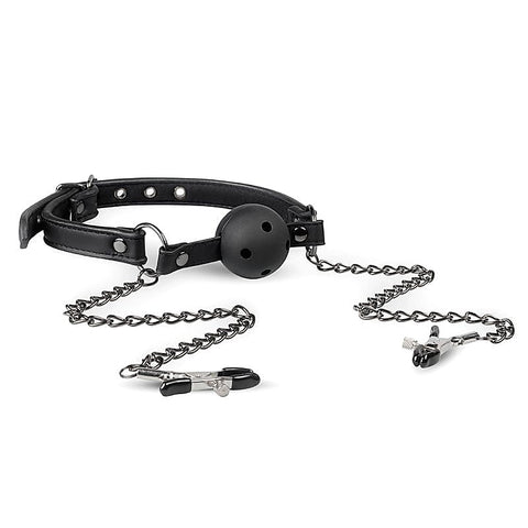 Open Ball Gag With Nipple Clamps By Easytoys - Nipple and Clit Clamps