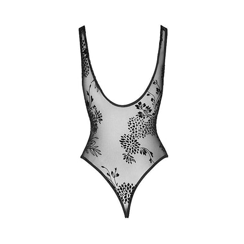 Tulle Bodysuit With Patterned Flock Embroidery - Her Fetish