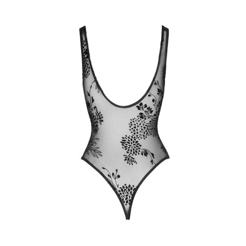 Tulle Bodysuit w/ Patterned Flock Embroidery - Her Fetish