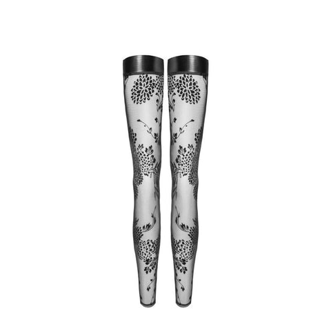 Tulle Stockings with Patterned Flock Embroidery - Her Fetish
