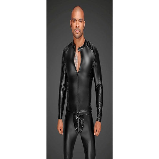 Noir Handmade Power Wetlook Mens Jacket With Pleated PVC Epaulets