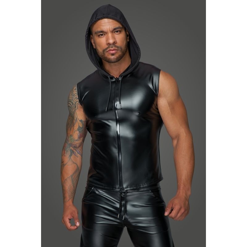 Powerwetlook Sleeveless Hooded Shirt w/ 2 Way Zipper His - His Fetish