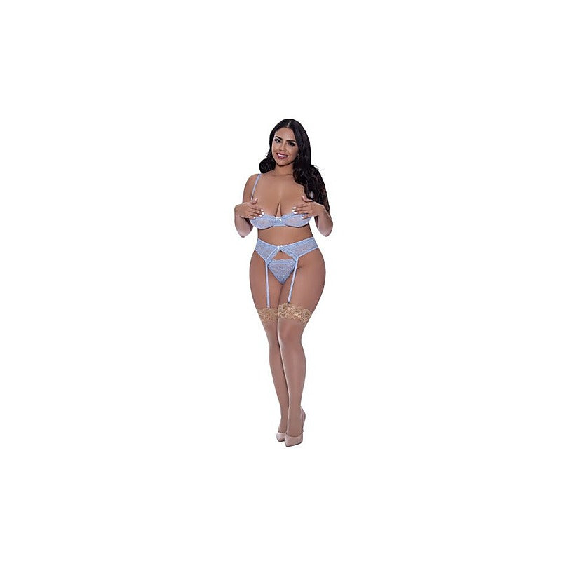 Exposed Lingerie Demi Bra Garter And Thong Set By Magic Silk - Bras and Bra Sets