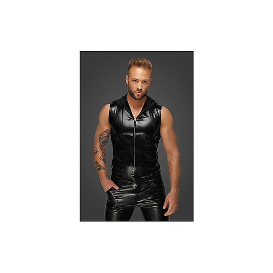 Noir Handmade Mens Snake Wetlook Sleeveless Zip-up Top with Sheer Hood