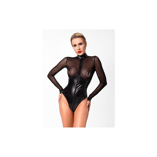Noir Handmade Edge Wetlook and Mesh Bodysuit With Rings Black